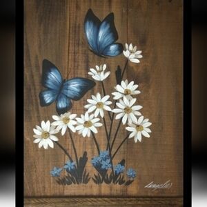 Hand painted wall art, daises‎ and butterflies on kiln dried wood.